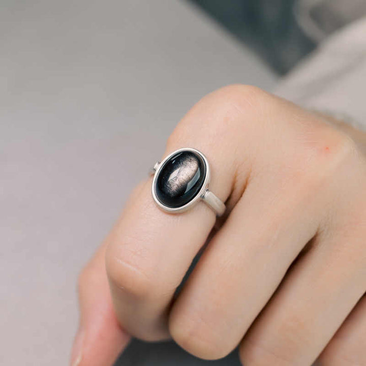 Bague de protection réglable en argent sterling 925 et obsidienne brillante naturelle avec Buddha Stones
