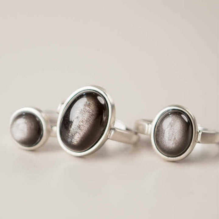 Bague de protection réglable en argent sterling 925 et obsidienne brillante naturelle avec Buddha Stones