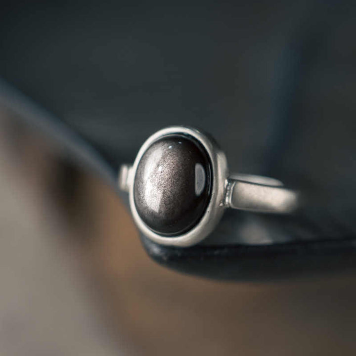Bague de protection réglable en argent sterling 925 et obsidienne brillante naturelle avec Buddha Stones