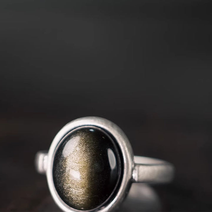 Bague de richesse réglable en argent sterling 925 et obsidienne dorée naturelle avec Buddha Stones