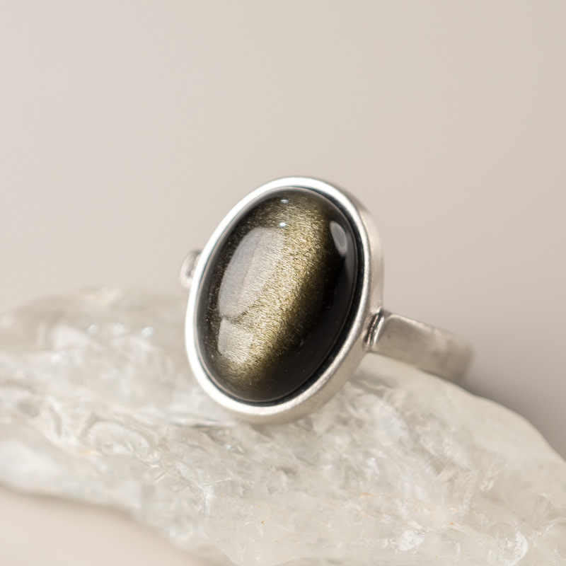 Bague de richesse réglable en argent sterling 925 et obsidienne dorée naturelle avec Buddha Stones