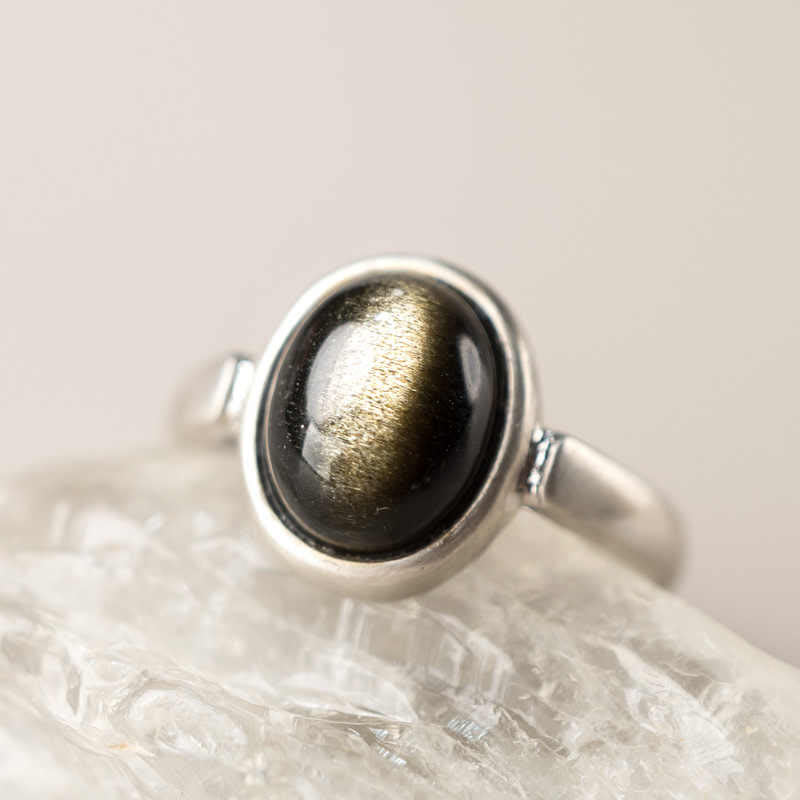 Bague de richesse réglable en argent sterling 925 et obsidienne dorée naturelle avec Buddha Stones - Style B (environ 14*12 mm) - image 0