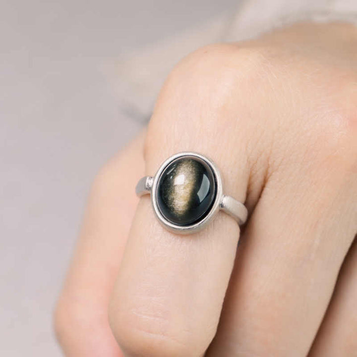 Bague de richesse réglable en argent sterling 925 et obsidienne dorée naturelle avec Buddha Stones