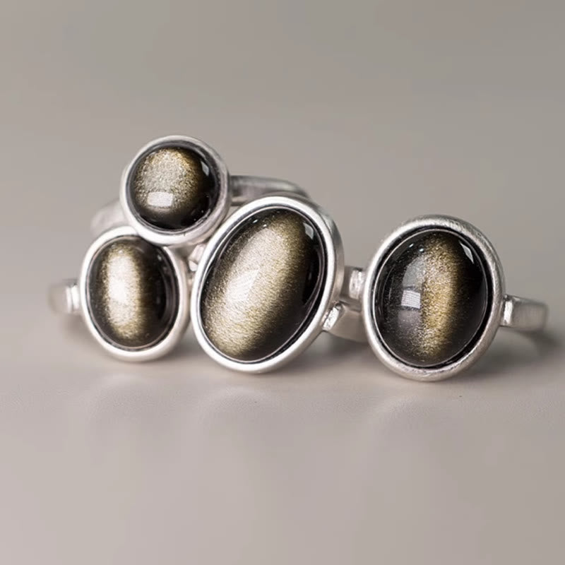 Bague de richesse réglable en argent sterling 925 et obsidienne dorée naturelle avec Buddha Stones