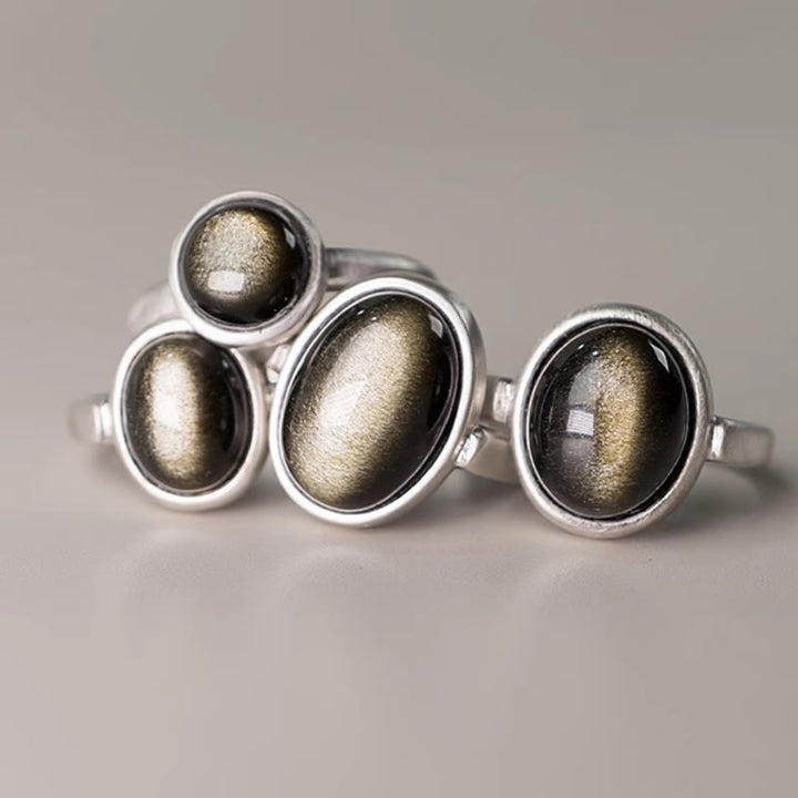 Bague de richesse réglable en argent sterling 925 et obsidienne dorée naturelle avec Buddha Stones