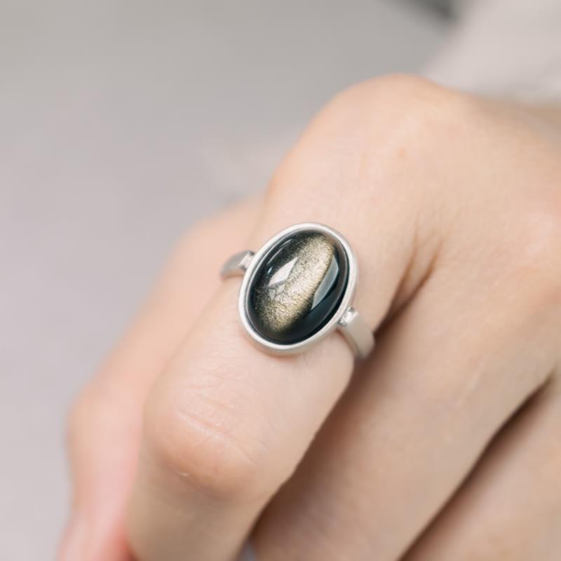 Bague de richesse réglable en argent sterling 925 et obsidienne dorée naturelle avec Buddha Stones
