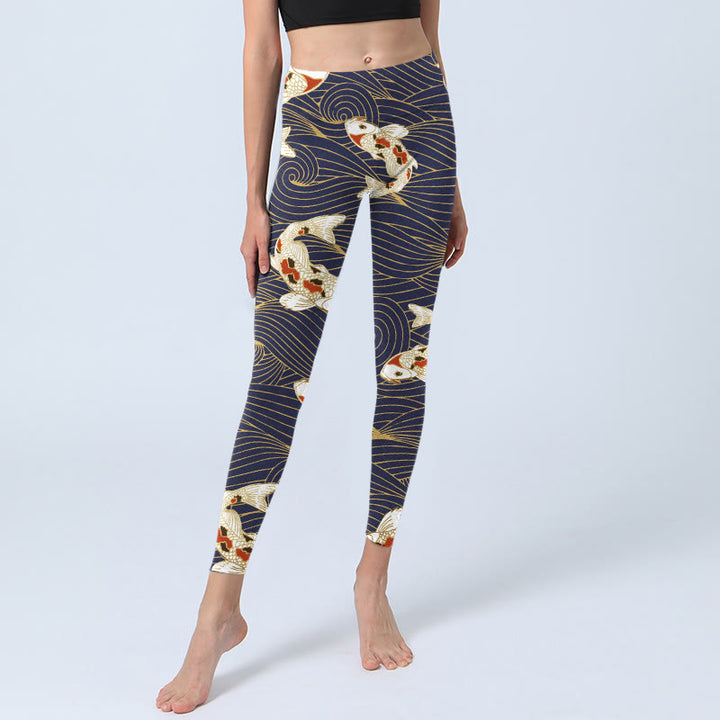 Leggings de sport à imprimé Buddha Stones, blanc et rouge, motif carpes koï, vagues de l'océan, pantalons de yoga pour femmes - image 2