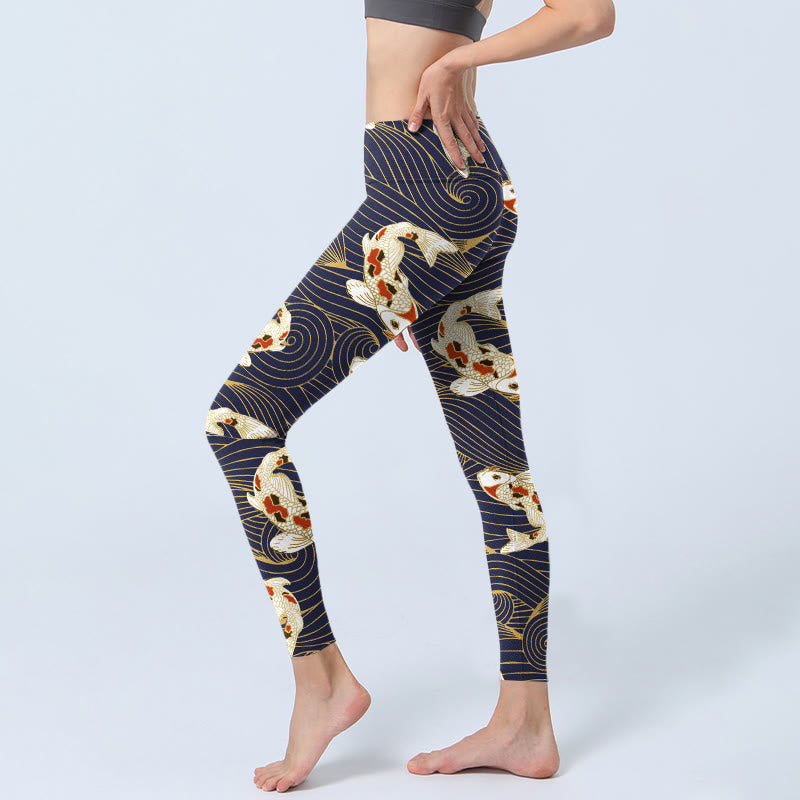 Leggings de sport à imprimé Buddha Stones, blanc et rouge, motif carpes koï, vagues de l'océan, pantalons de yoga pour femmes - image 3