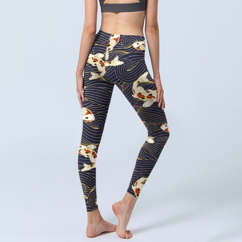 Leggings de sport à imprimé Buddha Stones, blanc et rouge, motif carpes koï, vagues de l'océan, pantalons de yoga pour femmes - image 4