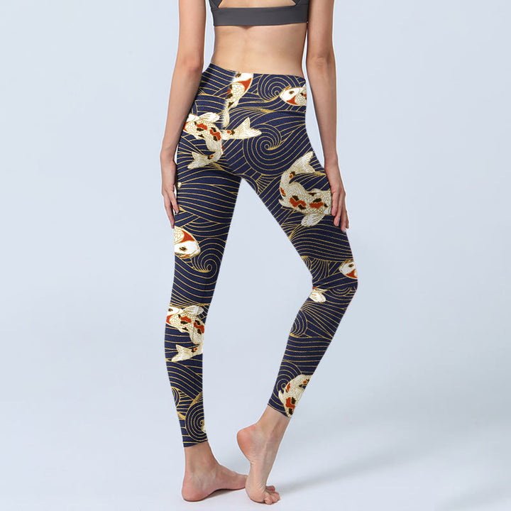 Leggings de sport à imprimé Buddha Stones, blanc et rouge, motif carpes koï, vagues de l'océan, pantalons de yoga pour femmes - image 4