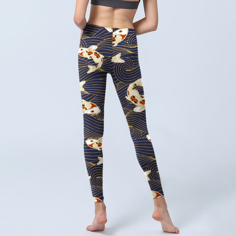 Leggings de sport à imprimé Buddha Stones, blanc et rouge, motif carpes koï, vagues de l'océan, pantalons de yoga pour femmes - image 6