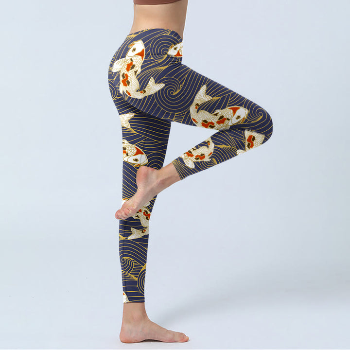 Leggings de sport à imprimé Buddha Stones, blanc et rouge, motif carpes koï, vagues de l'océan, pantalons de yoga pour femmes - image 5