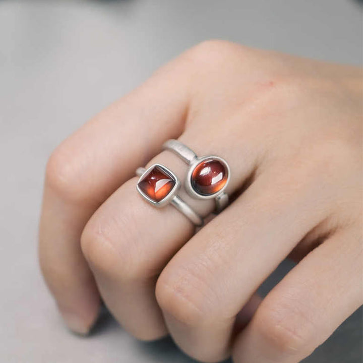 Bague réglable en argent sterling 925 avec grenat naturel et Buddha Stones
