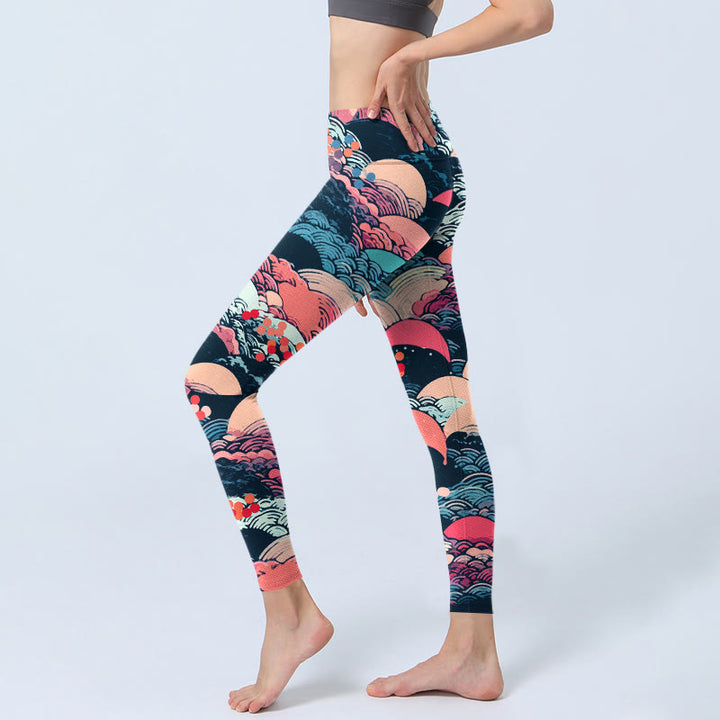 Leggings de sport imprimés de Buddha Stones et de vagues colorées pour femmes, pantalons de yoga - image 3