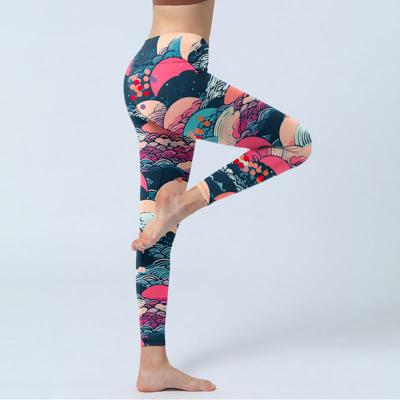 Leggings de sport imprimés de Buddha Stones et de vagues colorées pour femmes, pantalons de yoga - image 3