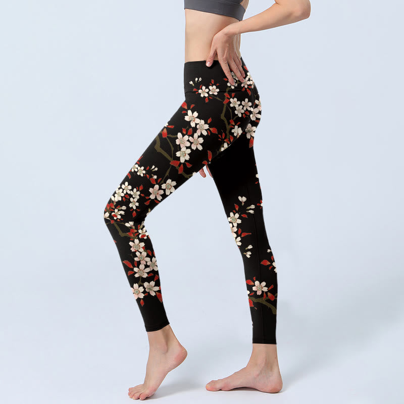 Leggings de sport imprimé Buddha Stones, fleurs de cerisier blanches, feuilles rouges, pantalons de yoga pour femmes - image 3