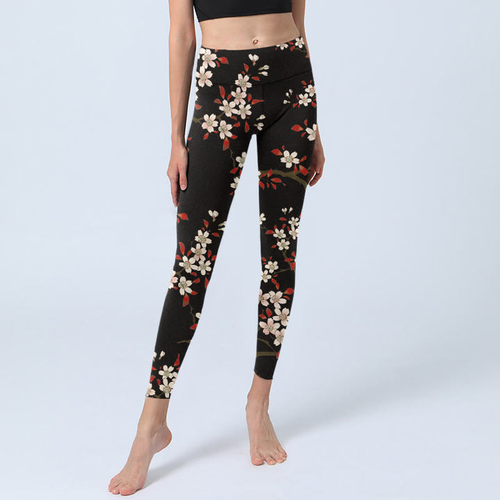 Leggings de sport imprimé Buddha Stones, fleurs de cerisier blanches, feuilles rouges, pantalons de yoga pour femmes - image 6