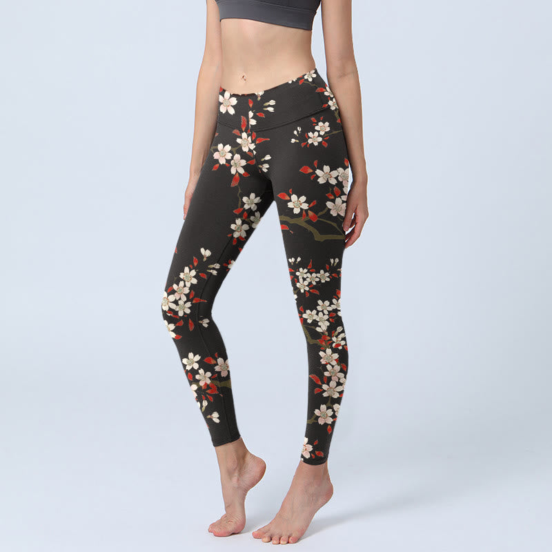 Leggings de sport imprimé Buddha Stones, fleurs de cerisier blanches, feuilles rouges, pantalons de yoga pour femmes - Noir - US18，UK/AU22，EU50 (4XL) - image 0