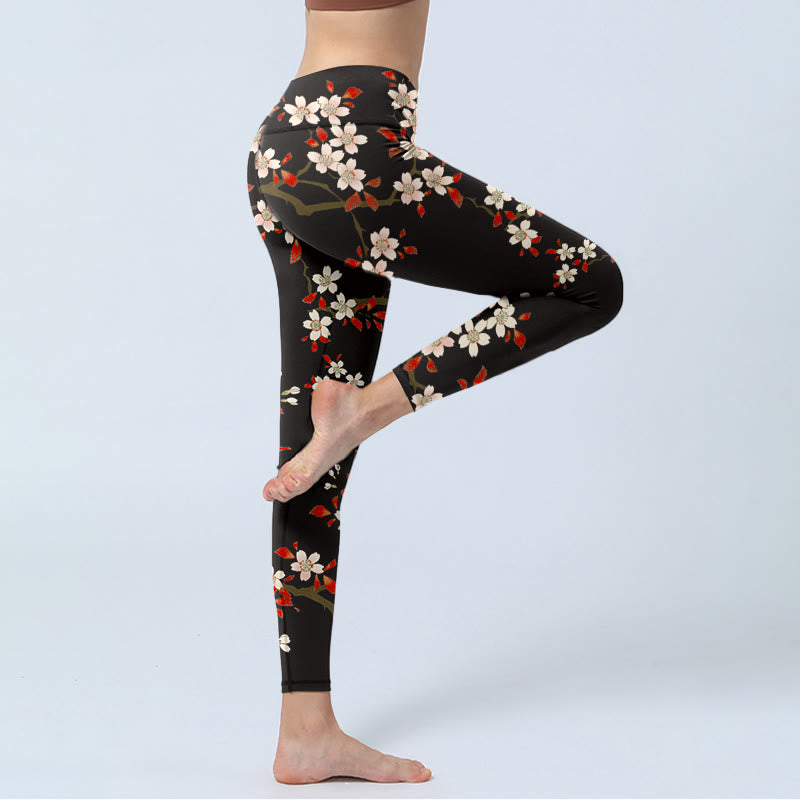 Leggings de sport imprimé Buddha Stones, fleurs de cerisier blanches, feuilles rouges, pantalons de yoga pour femmes - image 3