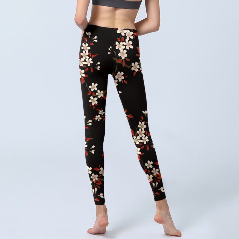 Leggings de sport imprimé Buddha Stones, fleurs de cerisier blanches, feuilles rouges, pantalons de yoga pour femmes - image 6