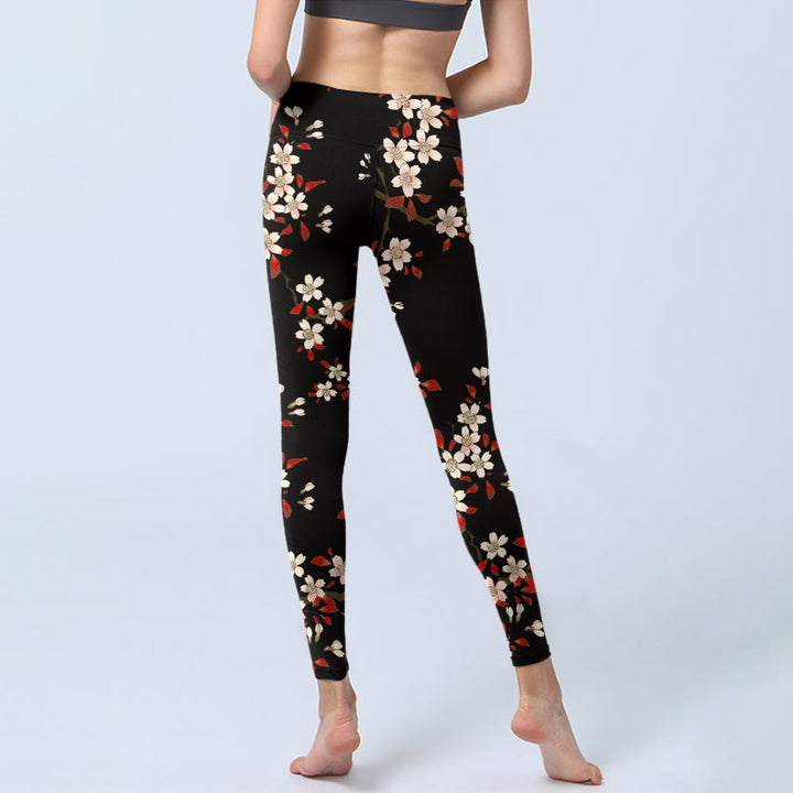 Leggings de sport imprimé Buddha Stones, fleurs de cerisier blanches, feuilles rouges, pantalons de yoga pour femmes - image 6