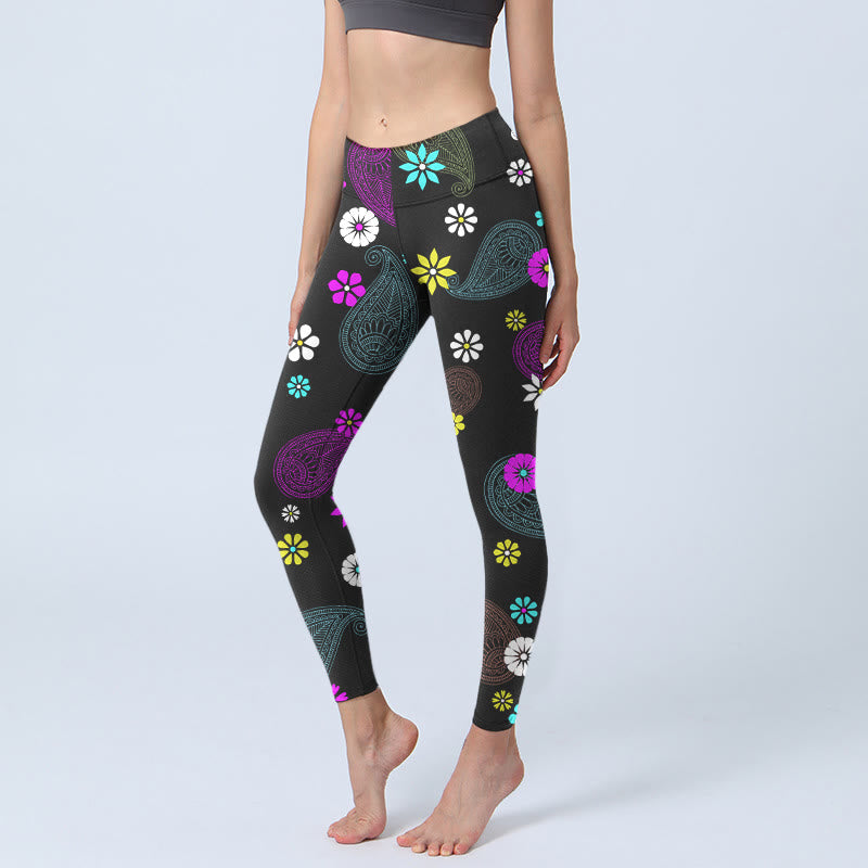 Leggings de sport à imprimé fleurs de cajou colorées Buddha Stones pour femmes, pantalons de yoga - Noir - US18，UK/AU22，EU50 (4XL) - image 0