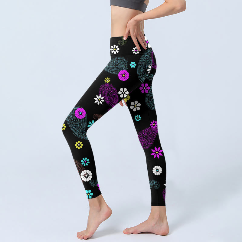 Leggings de sport à imprimé fleurs de cajou colorées Buddha Stones pour femmes, pantalons de yoga - image 3