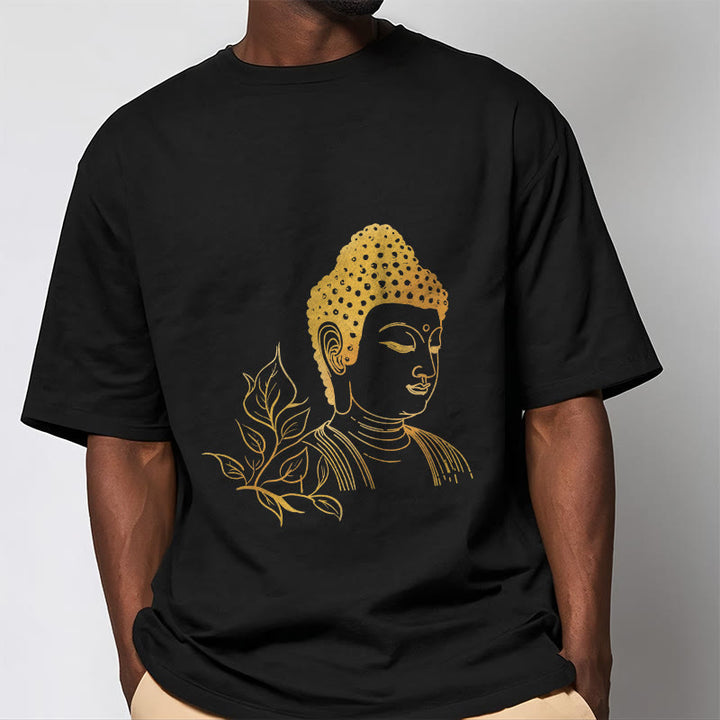 T- Buddha Stones Feuilles Dorées Méditation Bouddha T-shirt - image 1
