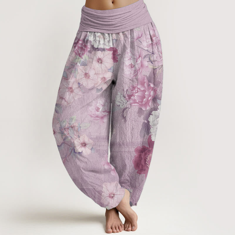 Pantalon Buddha Stones décontracté en pur coton avec motif pivoine et taille élastique pour femme