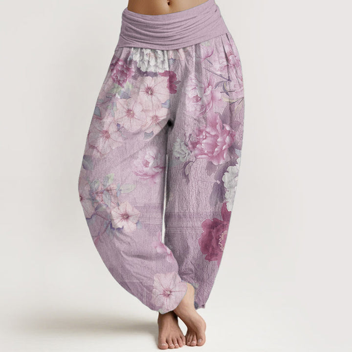 Pantalon Buddha Stones décontracté en pur coton avec motif pivoine et taille élastique pour femme
