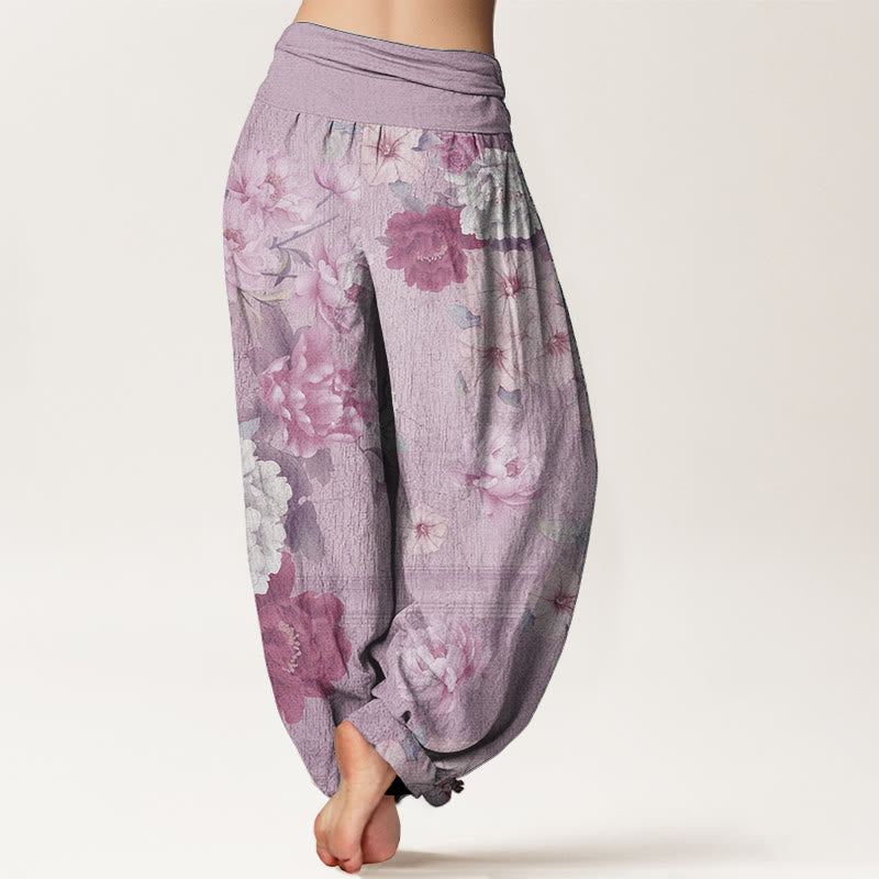 Pantalon Buddha Stones décontracté en pur coton avec motif pivoine et taille élastique pour femme
