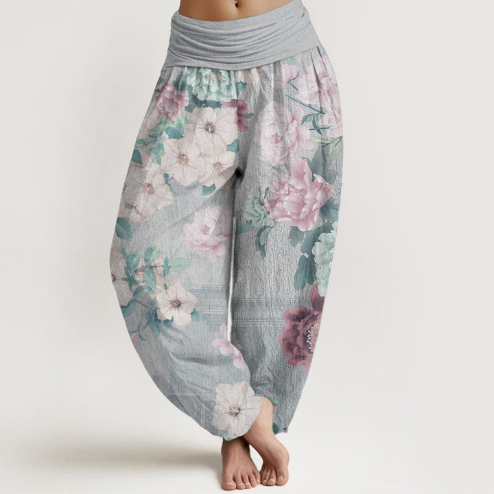 Pantalon Buddha Stones décontracté en pur coton avec motif pivoine et taille élastique pour femme