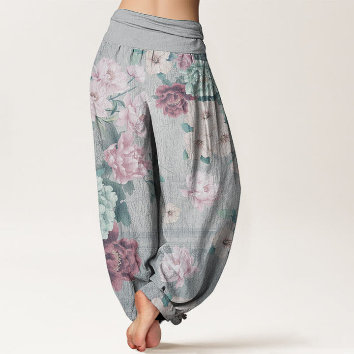 Pantalon Buddha Stones décontracté en pur coton avec motif pivoine et taille élastique pour femme