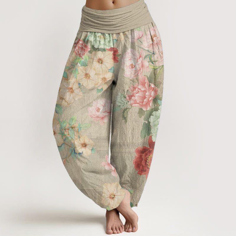 Pantalon Buddha Stones décontracté en pur coton avec motif pivoine et taille élastique pour femme