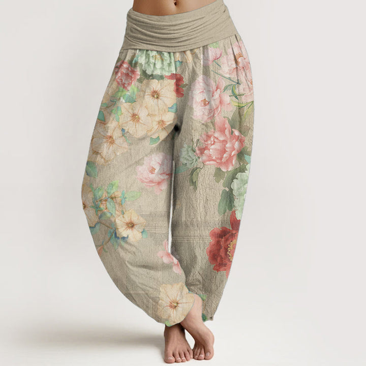 Pantalon Buddha Stones décontracté en pur coton avec motif pivoine et taille élastique pour femme