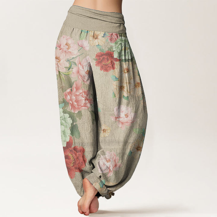 Pantalon Buddha Stones décontracté en pur coton avec motif pivoine et taille élastique pour femme