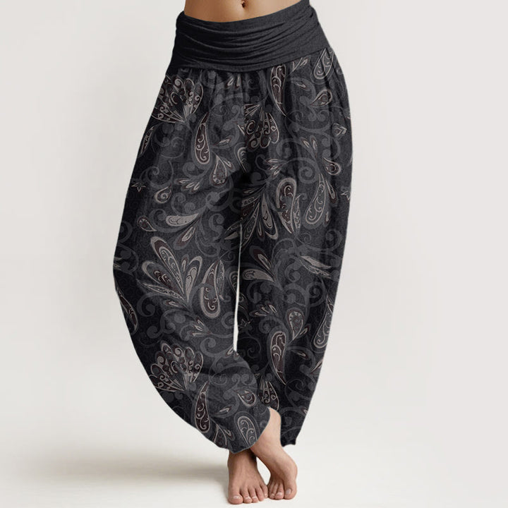 Pantalon sarouel décontracté en pur coton avec motif de pétales de fleurs et Buddha Stones pour femme, taille élastique - Noir - US22，UK/AU26，EU54 (6XL) - image 0