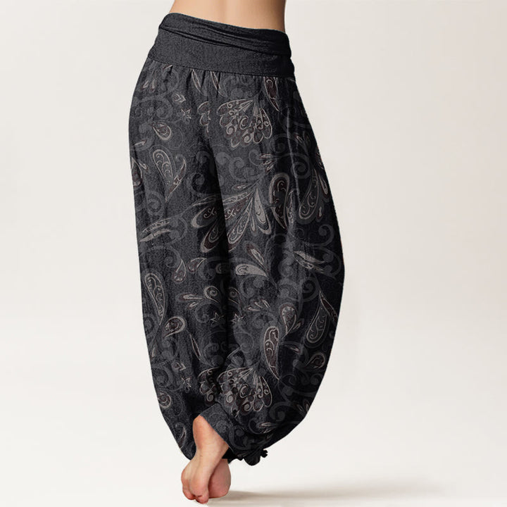 Pantalon sarouel décontracté en pur coton avec motif de pétales de fleurs et Buddha Stones pour femme, taille élastique