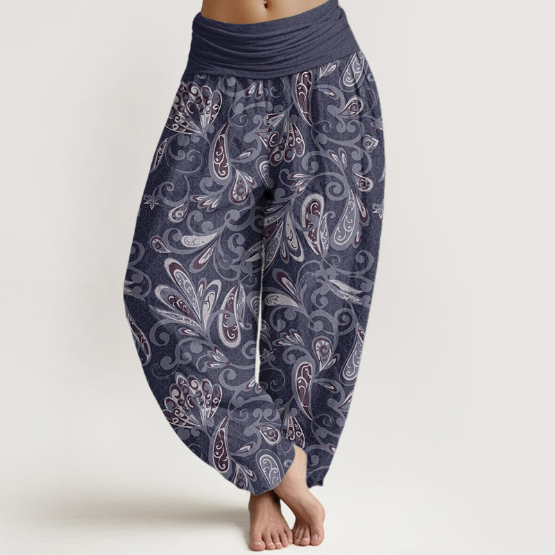Pantalon sarouel décontracté en pur coton avec motif de pétales de fleurs et Buddha Stones pour femme, taille élastique