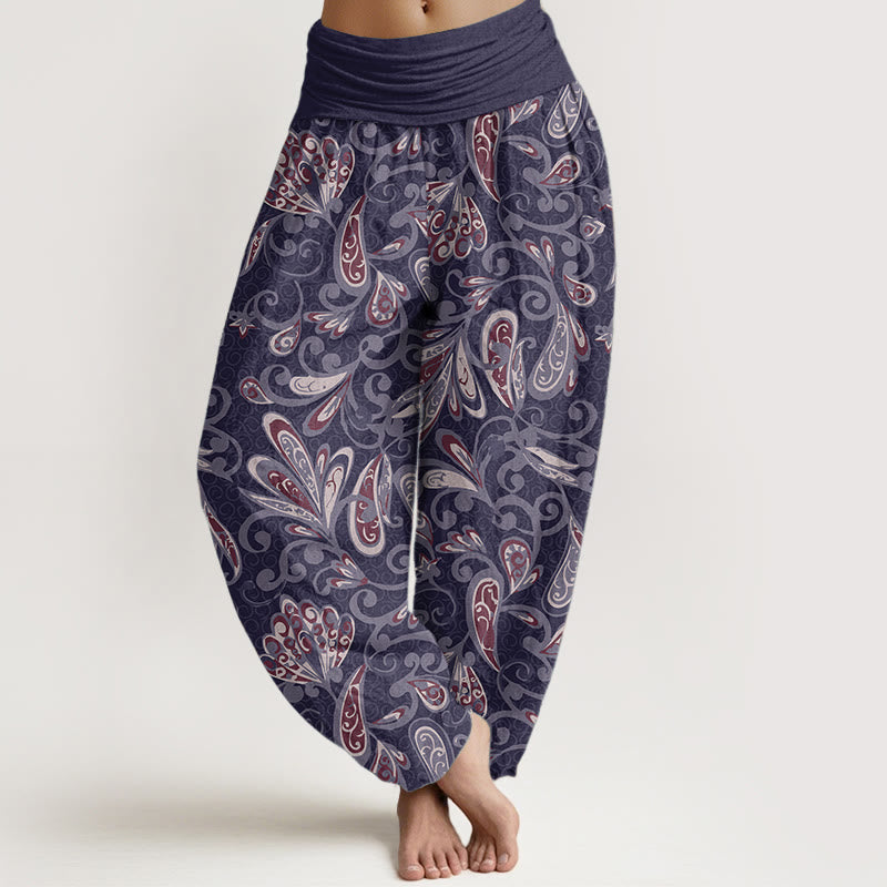Pantalon sarouel décontracté en pur coton avec motif de pétales de fleurs et Buddha Stones pour femme, taille élastique