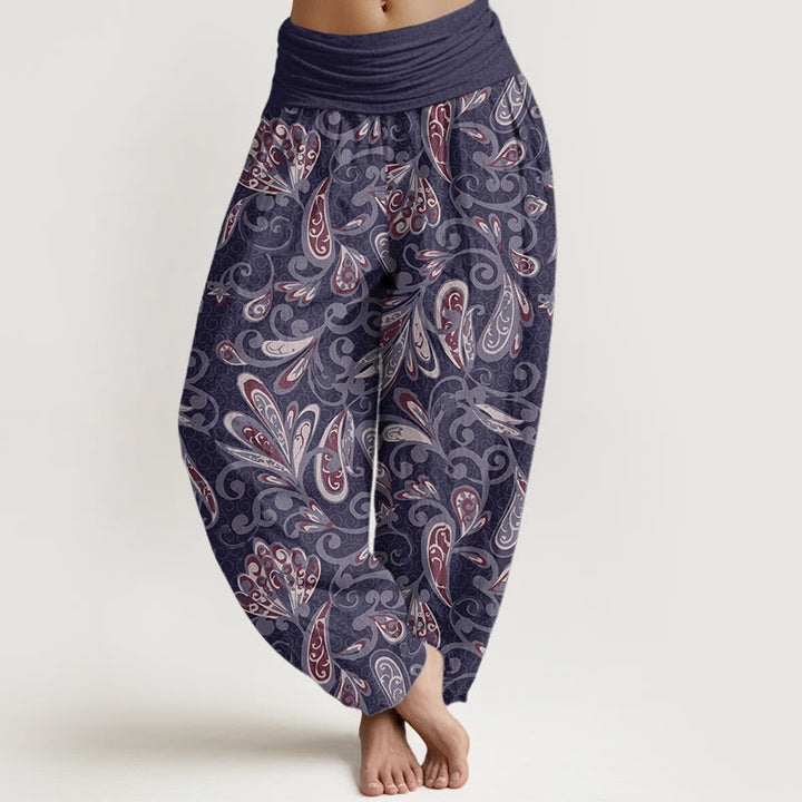 Pantalon sarouel décontracté en pur coton avec motif de pétales de fleurs et Buddha Stones pour femme, taille élastique