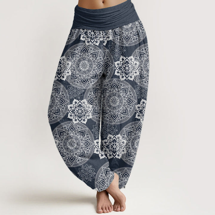 Pantalon Buddha Stones en pur coton avec motif de fleurs mandalas rondes et taille élastique pour femme