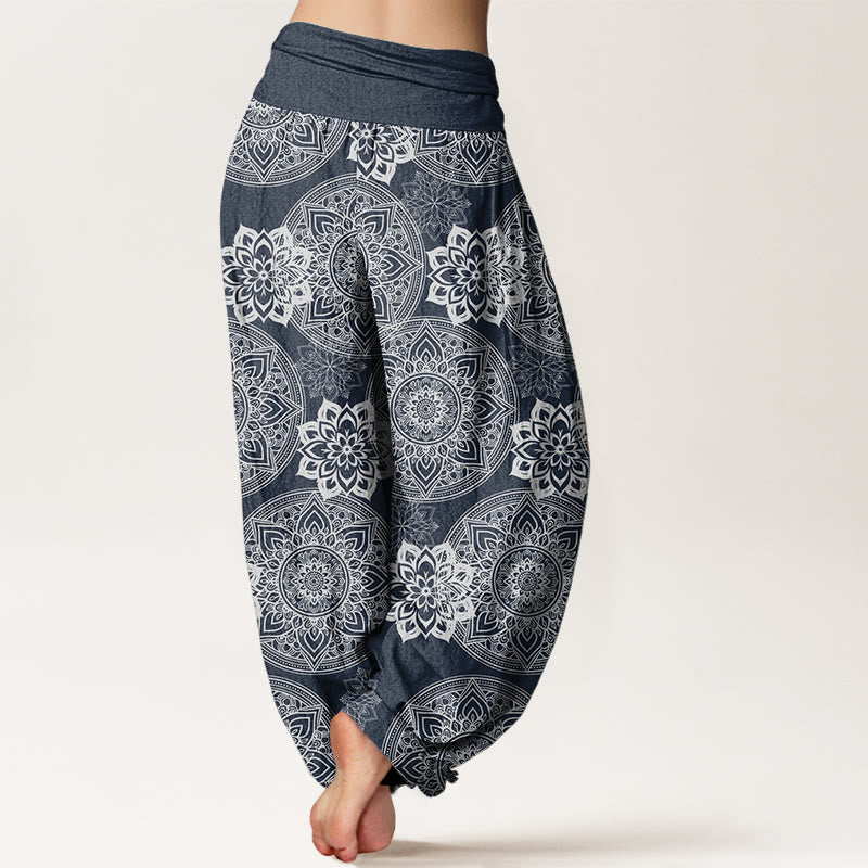 Pantalon Buddha Stones en pur coton avec motif de fleurs mandalas rondes et taille élastique pour femme