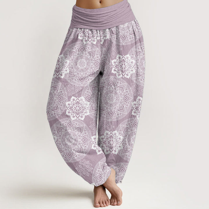 Pantalon Buddha Stones en pur coton avec motif de fleurs mandalas rondes et taille élastique pour femme