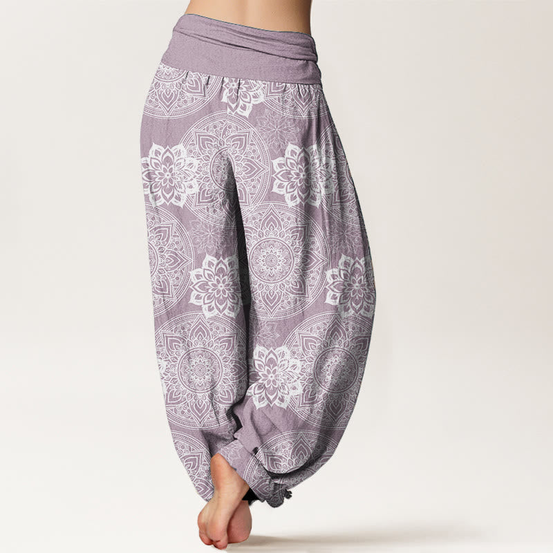 Pantalon Buddha Stones en pur coton avec motif de fleurs mandalas rondes et taille élastique pour femme