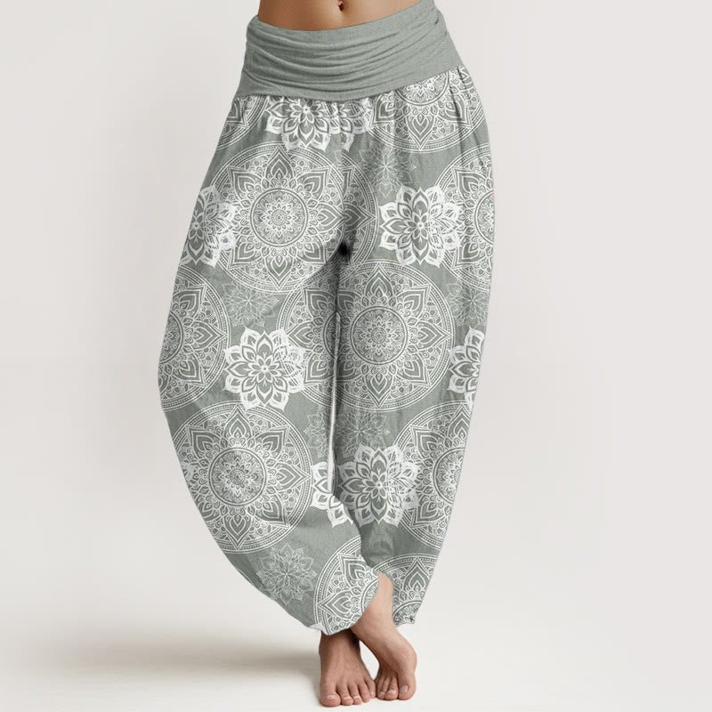 Pantalon Buddha Stones en pur coton avec motif de fleurs mandalas rondes et taille élastique pour femme