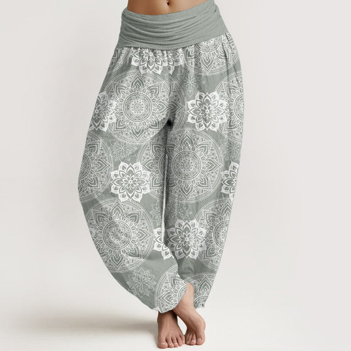 Pantalon Buddha Stones en pur coton avec motif de fleurs mandalas rondes et taille élastique pour femme