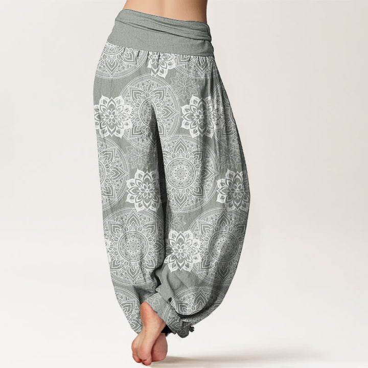 Pantalon Buddha Stones en pur coton avec motif de fleurs mandalas rondes et taille élastique pour femme