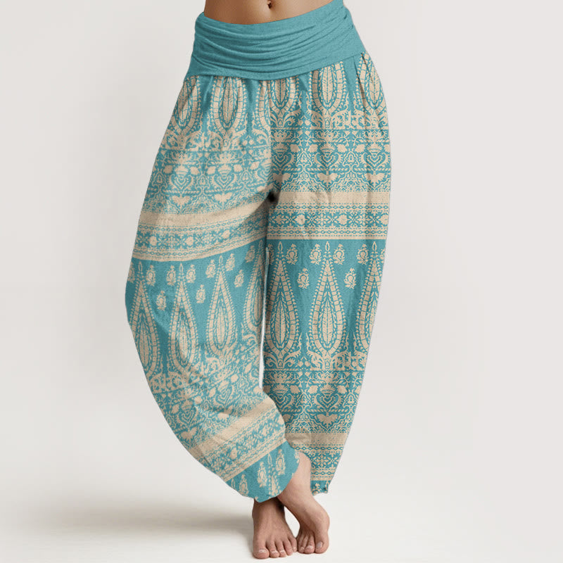 Pantalon sarouel décontracté en pur coton avec rayures et plumes pour femme, taille élastique, motif Buddha Stones - Aqua - US22，UK/AU26，EU54 (6XL) - image 0