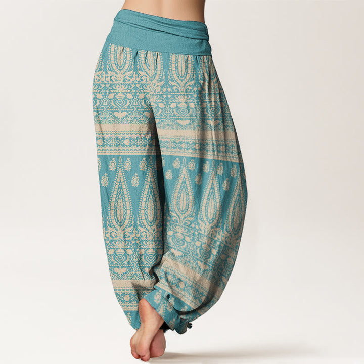 Pantalon sarouel décontracté en pur coton avec rayures et plumes pour femme, taille élastique, motif Buddha Stones